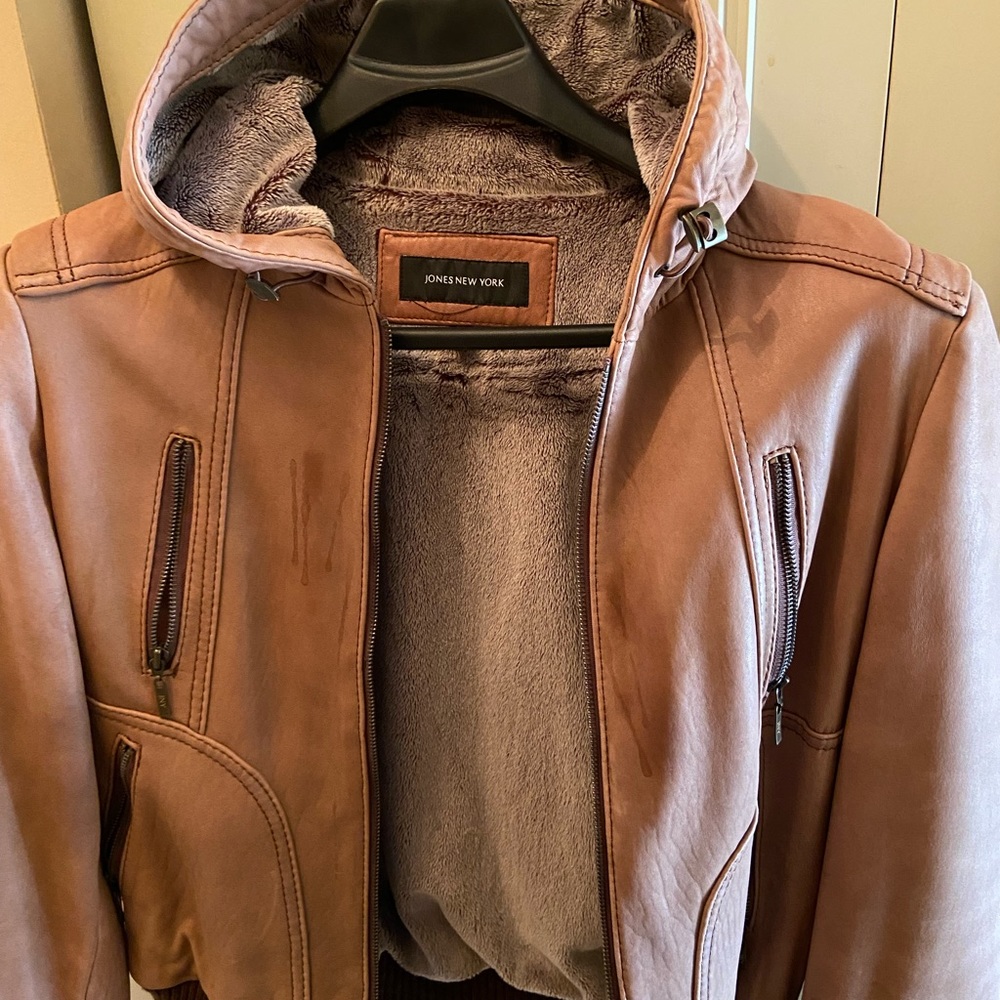 Jones New York leather hooded bomber jacket with plush lining